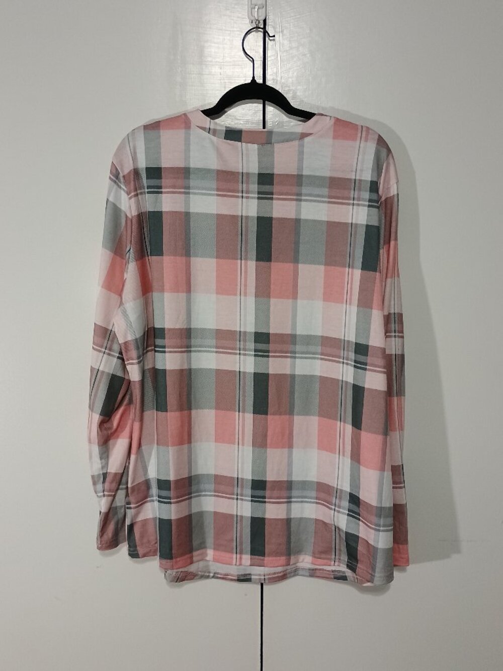 Soft Plaid Long Sleeve Tunic Top Pink Gray White Split Neck Lightweight Blouse - Picture 3 of 5